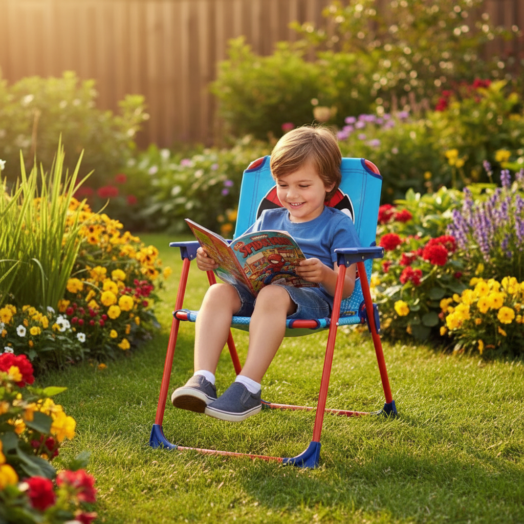 Bambino in giardino con sedia Spidey
