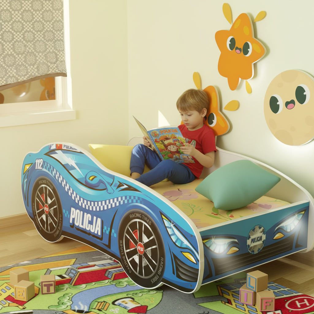 Bambino legge fumetti sul letto auto polizia