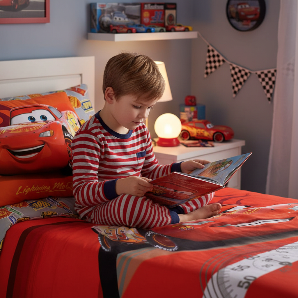 Bambino legge libro Cars sul letto