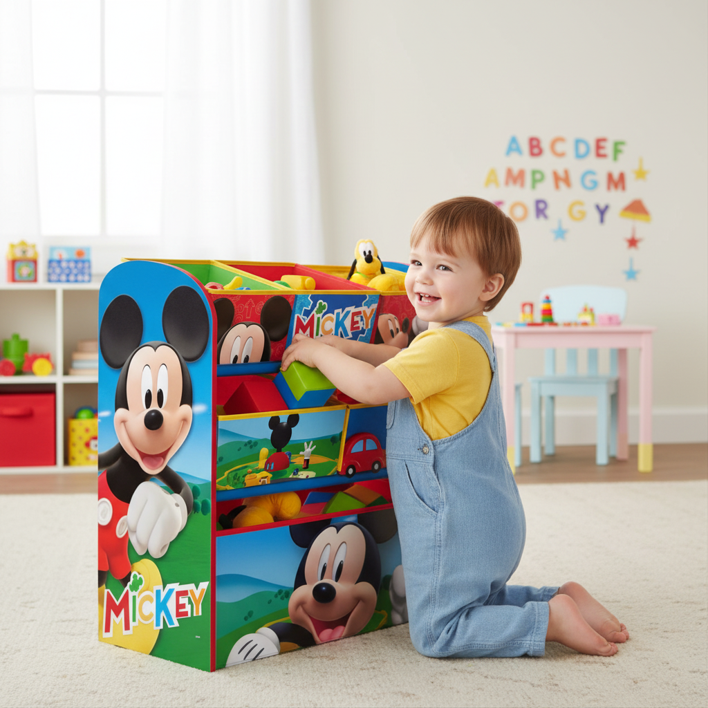 Bambino raggiunge facilmente giocattoli nell'organizer