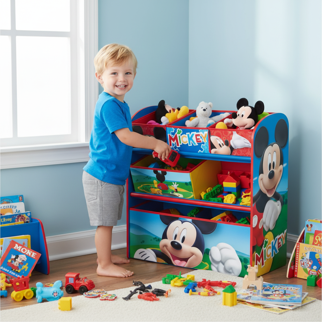 Bambino riordina cameretta con organizer Mickey