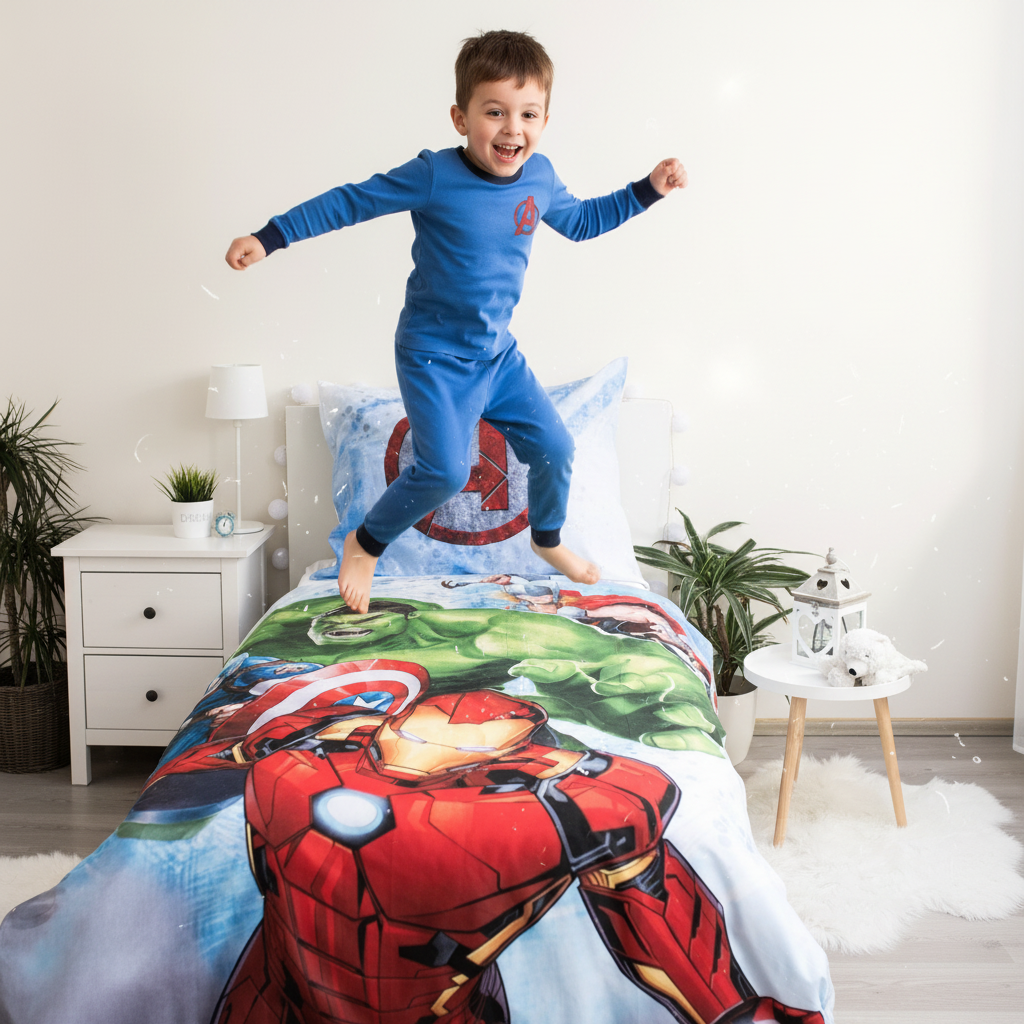 Bambino salta sul letto Avengers