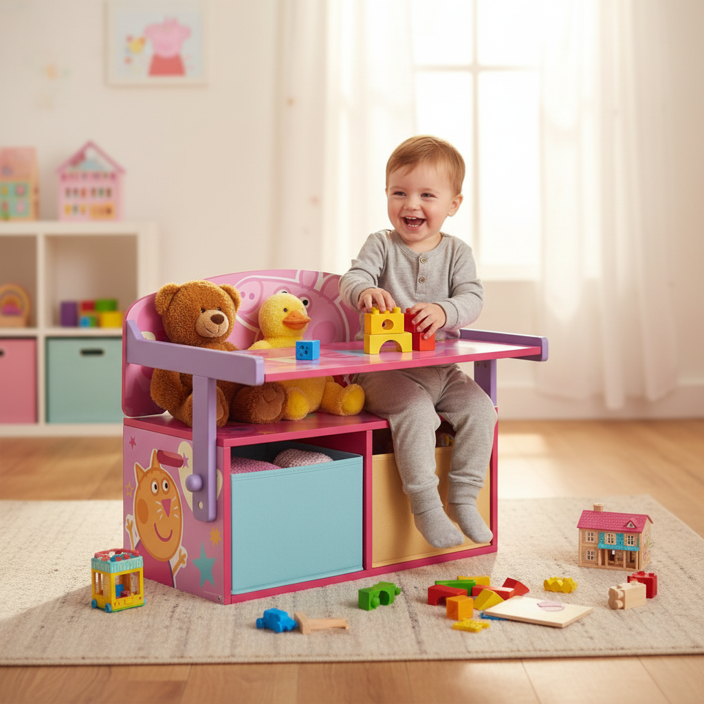 Bambino seduto su panca mentre gioca