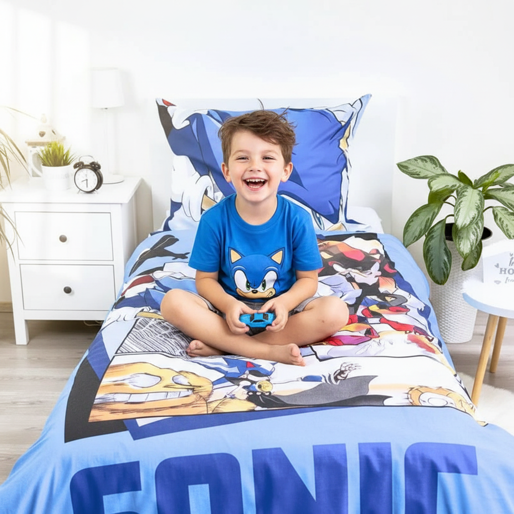 Bambino seduto sul letto Sonic