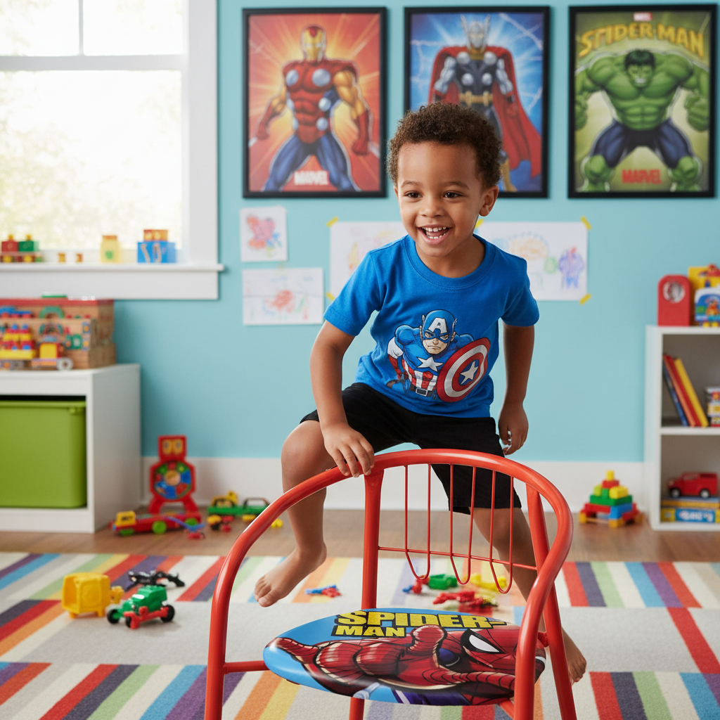 Bambino si alza da sedia Spider-Man grafica sedile visibile