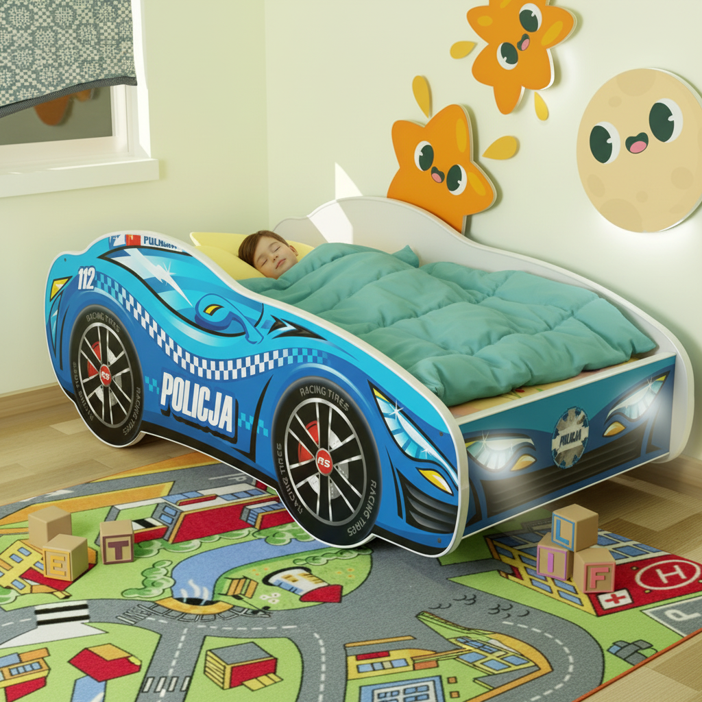 Cameretta con letto auto polizia blu LED