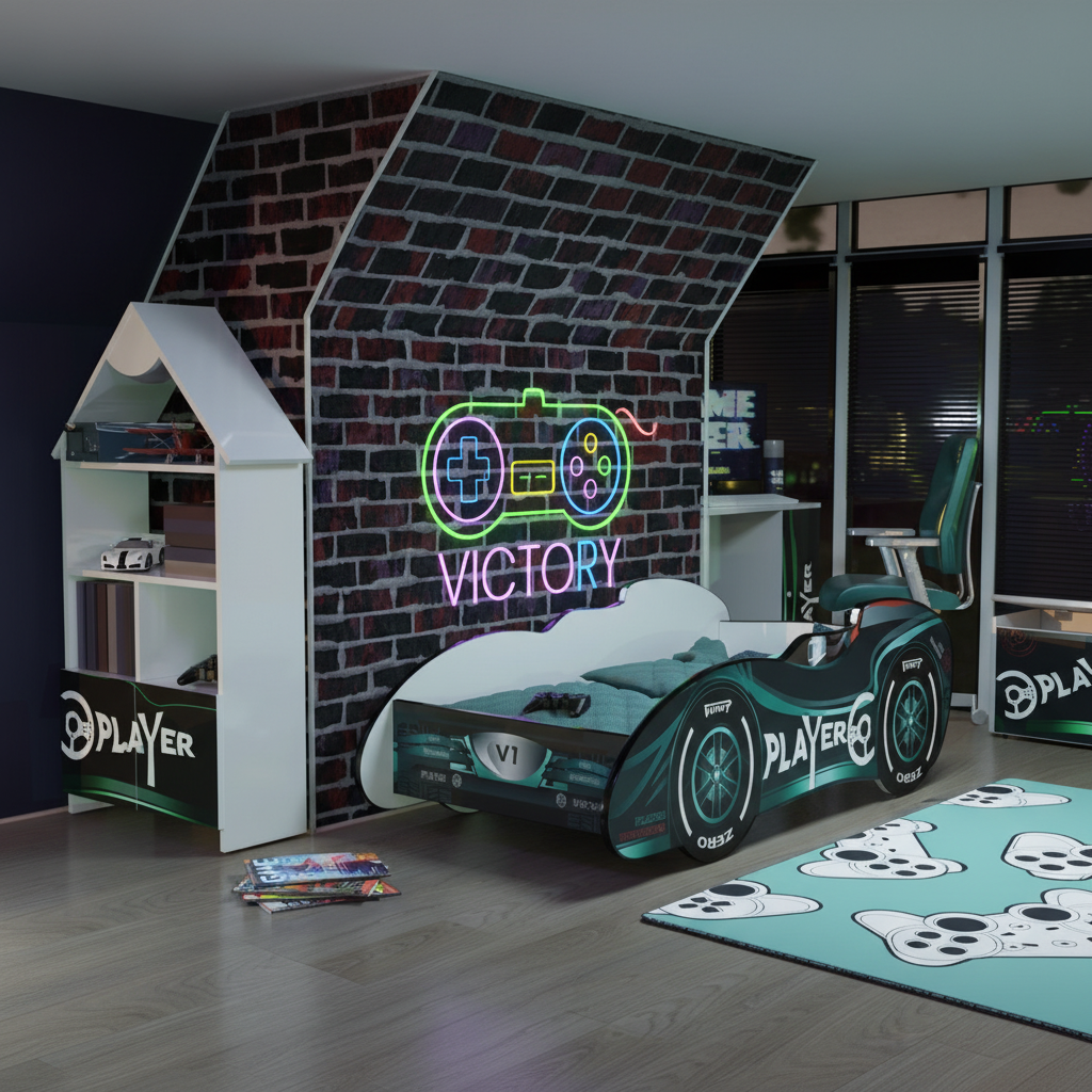 Cameretta gaming con neon Victory
