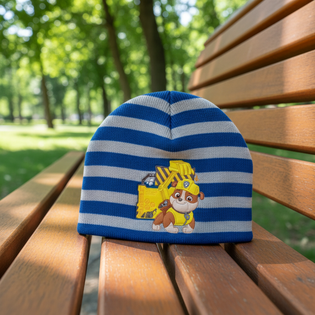 Cappello Paw Patrol su panchina al parco