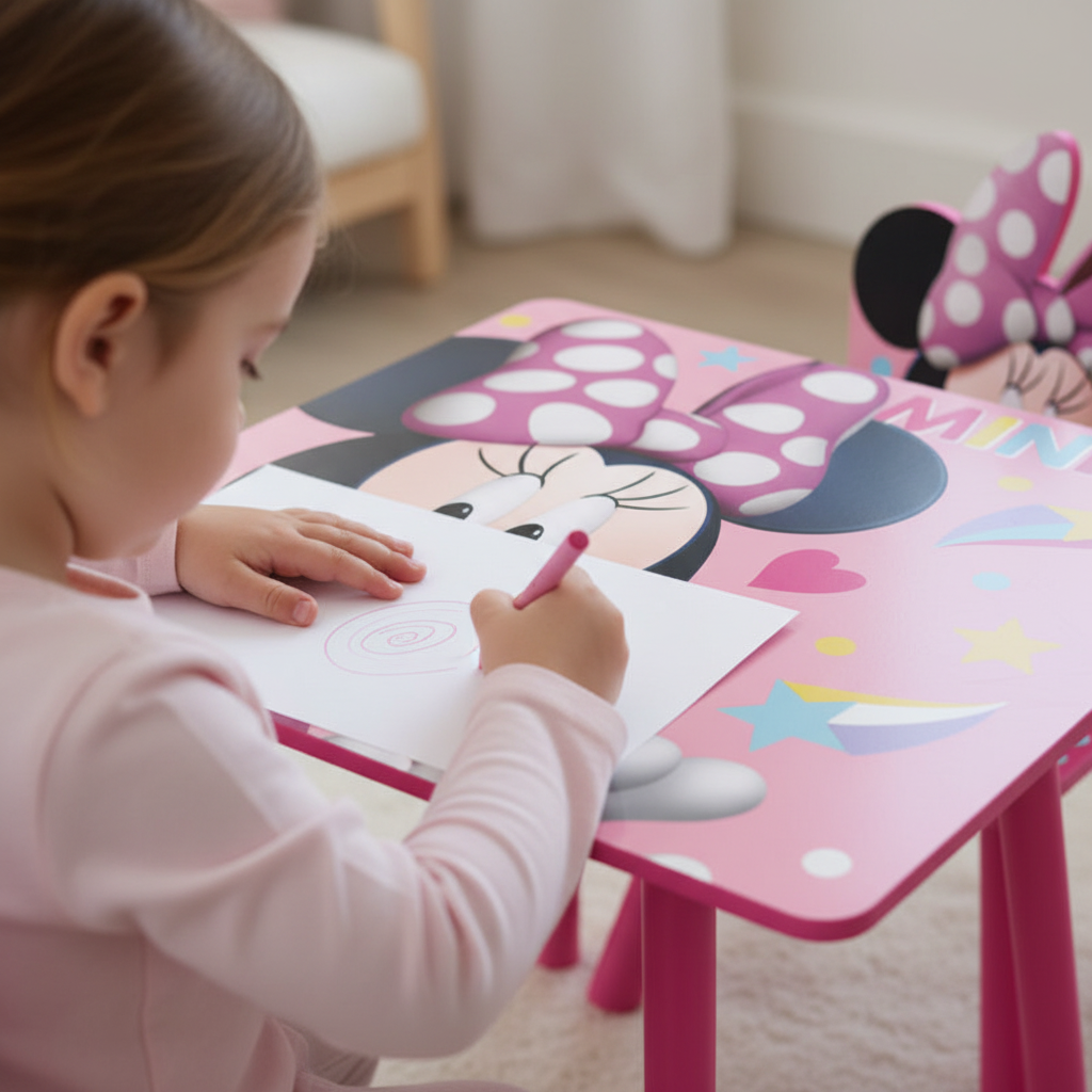 Close-up bambina disegna con grafica Minnie visibile