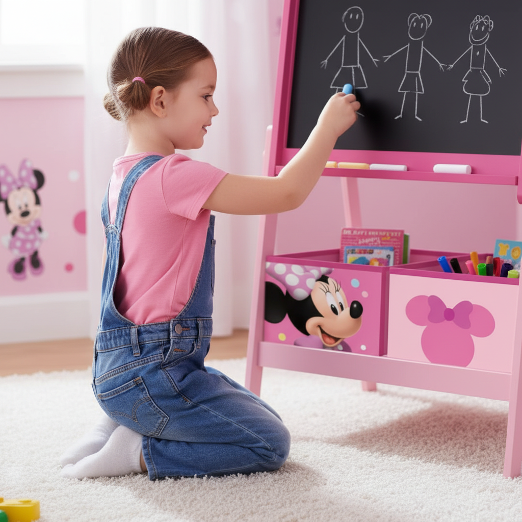 Close-up bambina prende gessetti dal contenitore Minnie