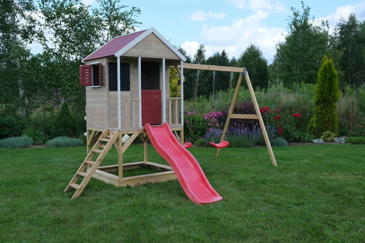 Casetta da Gioco in Legno M29R con Scivolo, Altalene e Cucina - Parco Giochi Bambini 3-10 Anni