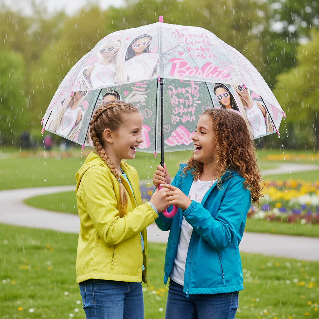 Due amiche condividono ombrello Barbie