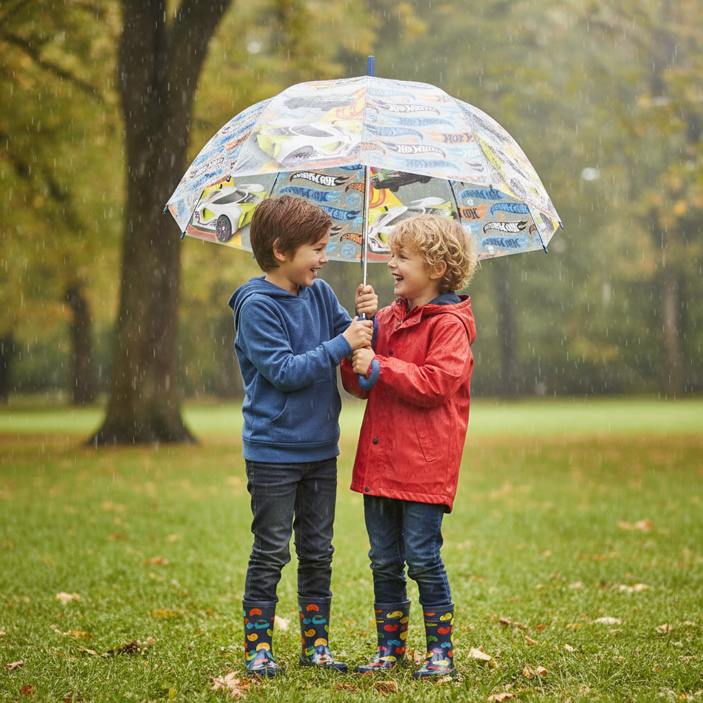 Due amici condividono ombrello