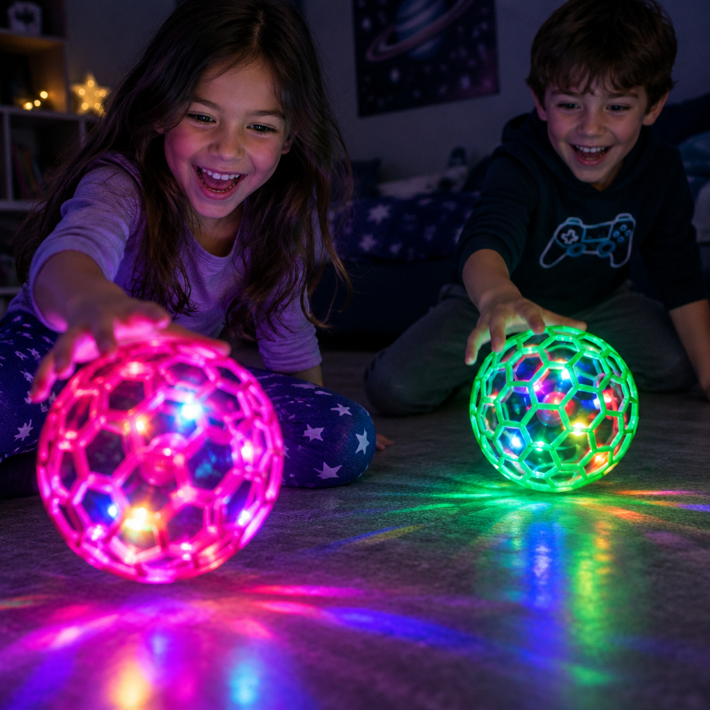 Due bambini che giocano al buio con luci