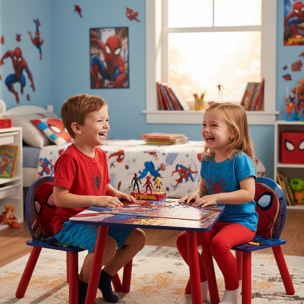 Due bambini giocano al tavolo Spiderman