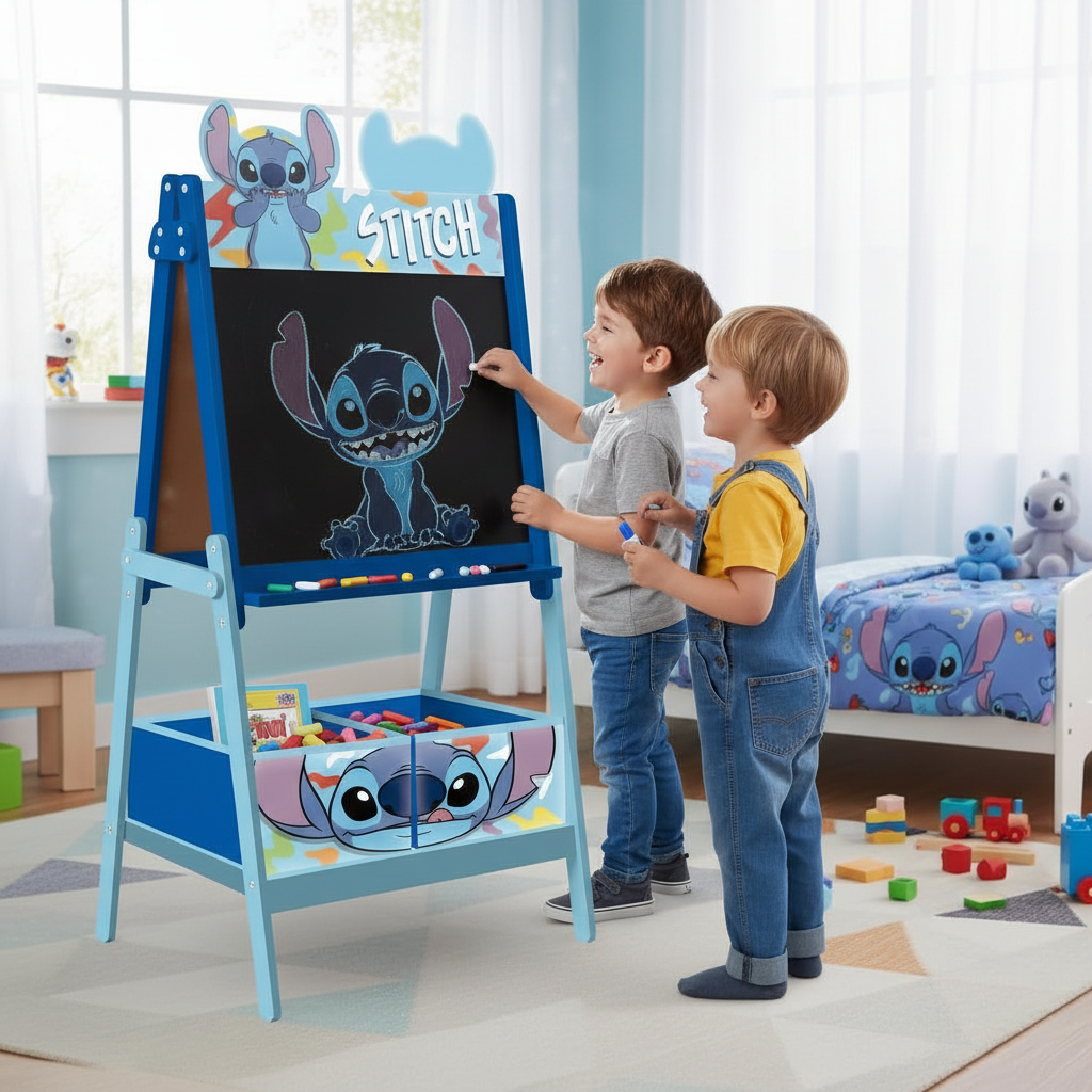 Due fratelli disegnano insieme sulla lavagna Stitch