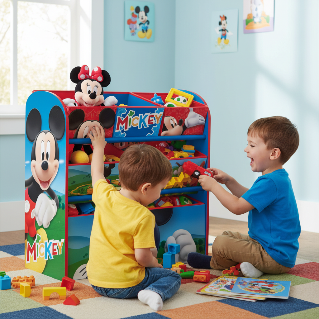 Due fratelli giocano davanti all'organizer Mickey