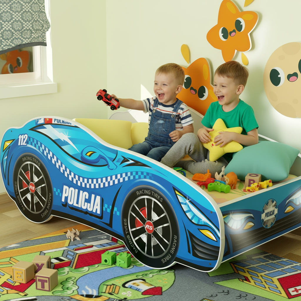 Due fratelli giocano sul letto auto polizia