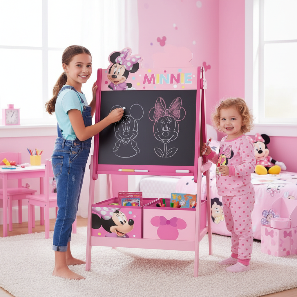 Due sorelle disegnano insieme sulla lavagna Minnie