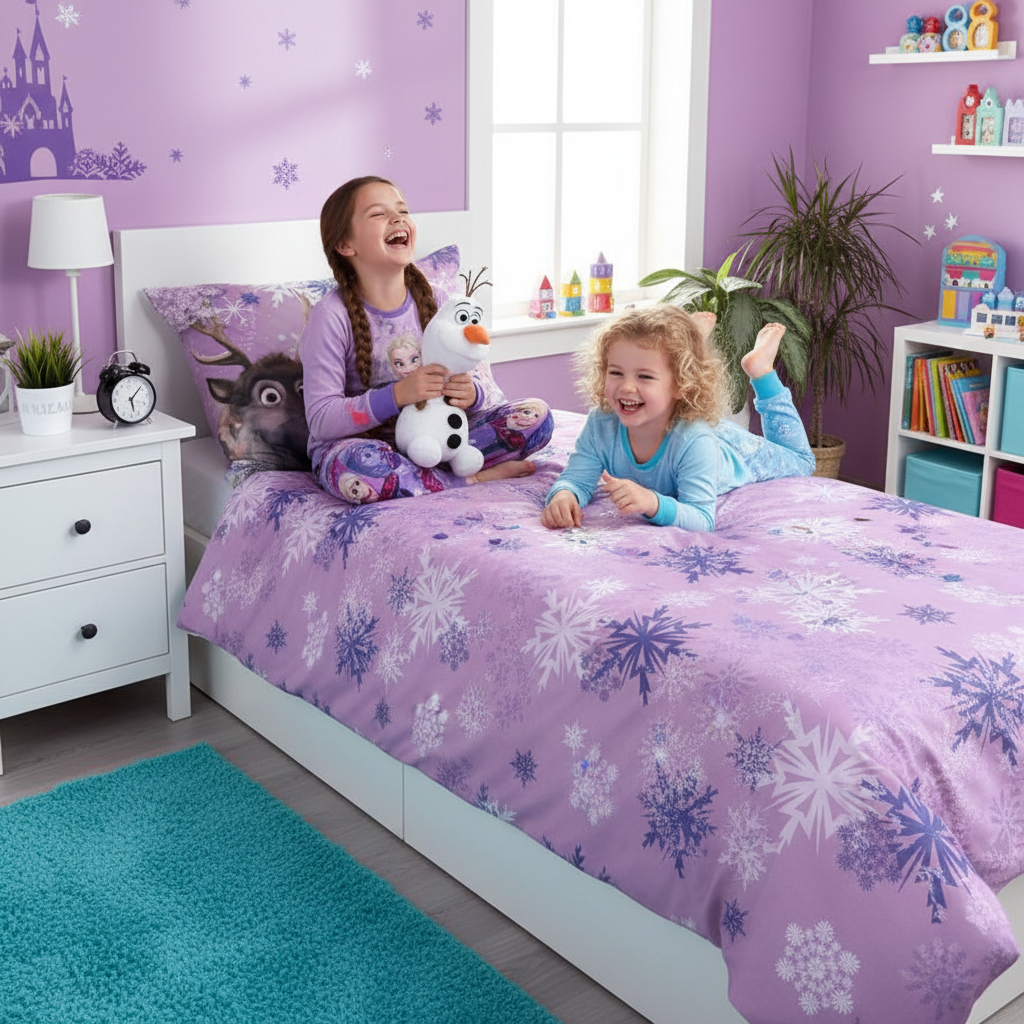 Due sorelle giocano sul letto Frozen