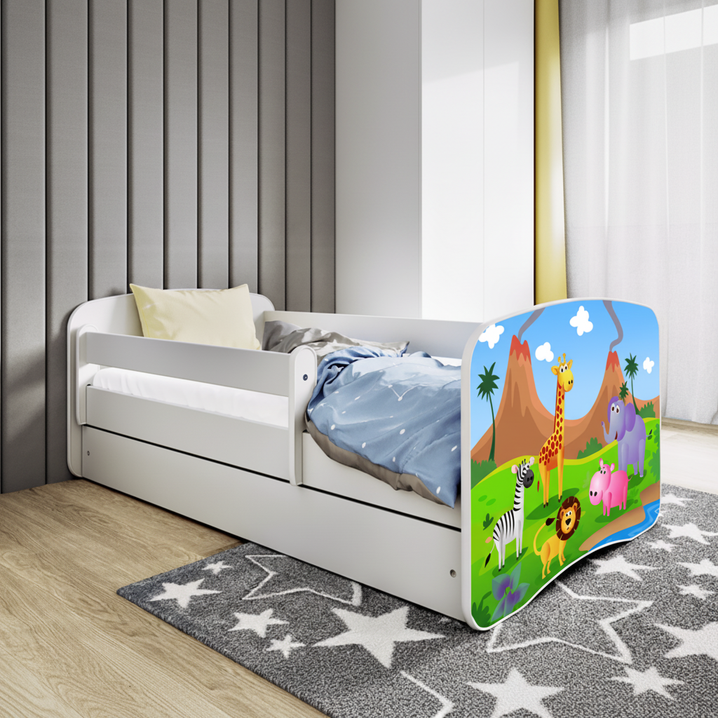 Letto per bambini babydreams white safari con cassettone e materasso omaggio 160/80