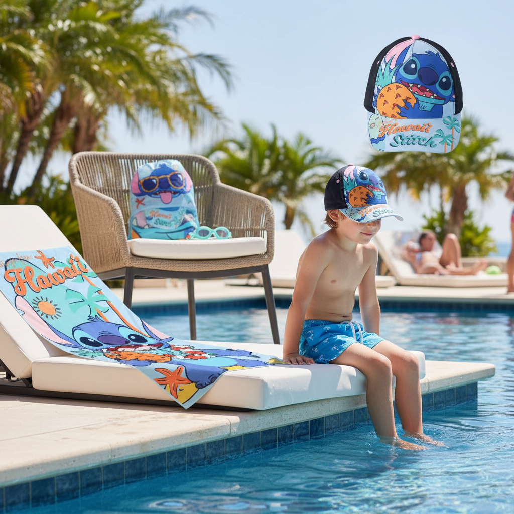Stitch disney set telo mare,sacchetta deluxe e cappellino taglia unica