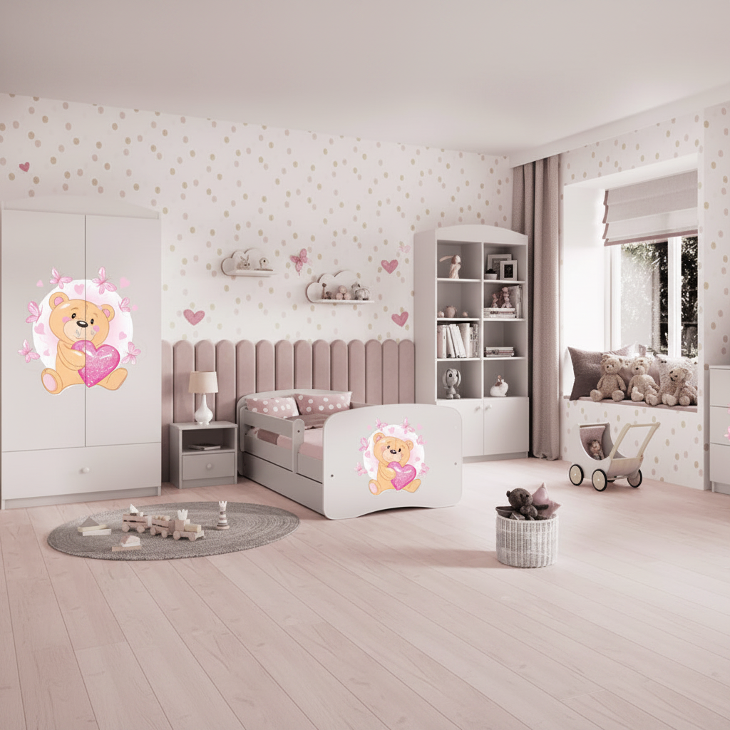 Cameretta Completa Bambini BabyDreams Teddy Heart in Legno 7 Pezzi con Materasso Omaggio | Letto 160x80 o 180x80cm | Top2Trade | KO500CAMTEDDYHEART