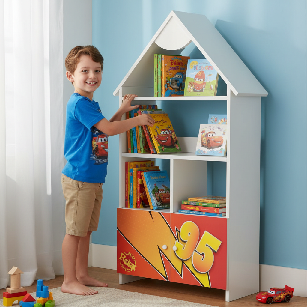 Libreria Casetta Bambino Disney Cars Lightning McQueen | 3 Ripiani + 2 Cassetti | Legno FSC | H139 x L63cm | TPCAS2CAR