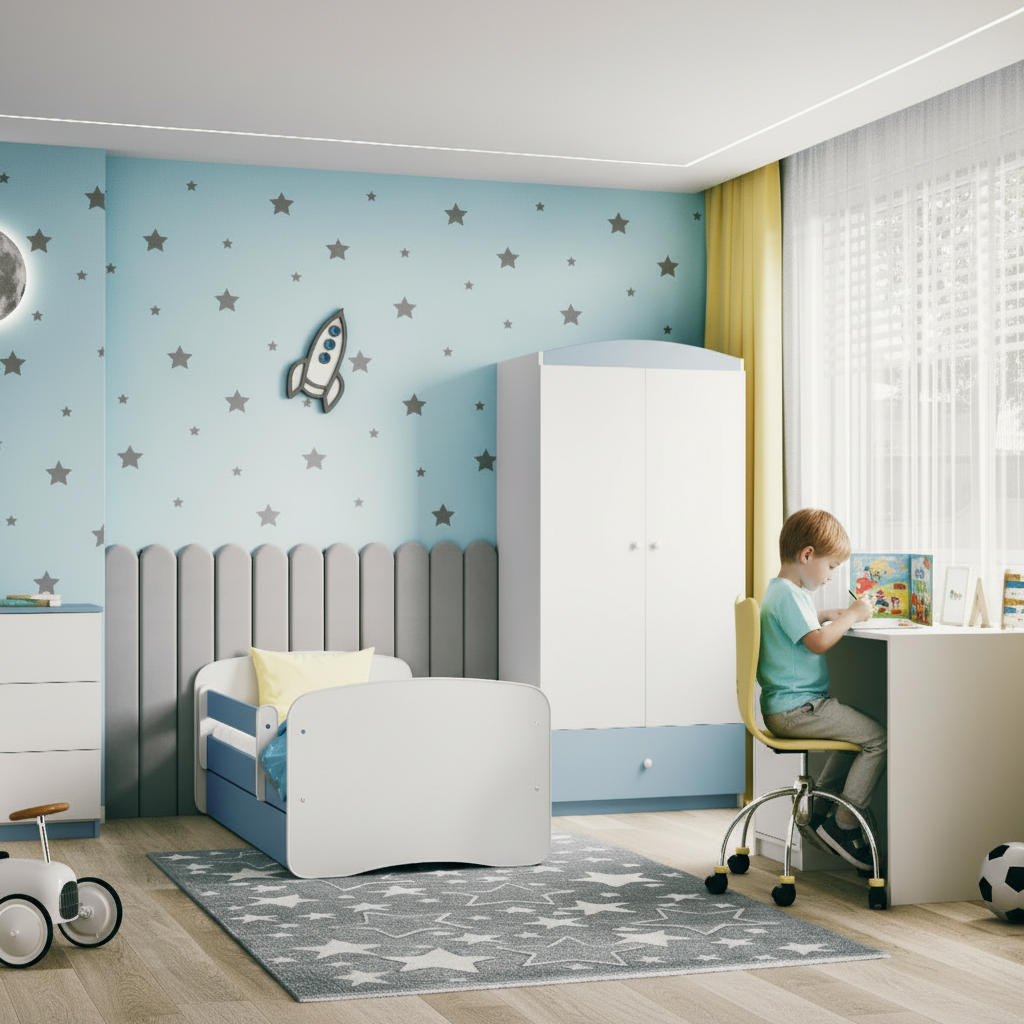 Cameretta Completa Bambini BabyDreams Dreams in Legno 7 Pezzi con Materasso Omaggio | Letto 160x80 o 180x80cm | Bianco Celeste Rosa | Top2Trade | KO500