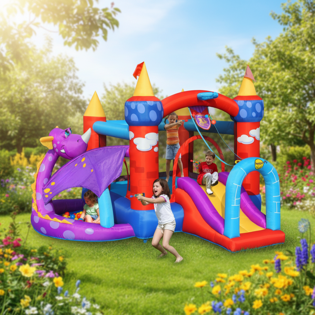 Gonfiabile Draghetto Fun 5 in 1 Scivolo Tunnel Vasca Palline Salterello Canestro 350x350x245cm | Top2Trade | 9022