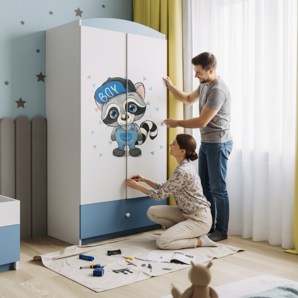 Armadio per Bambini BabyDreams Blue Raccoon in Legno | 90x52x175cm | Top2Trade | SZBD_NI_SZO