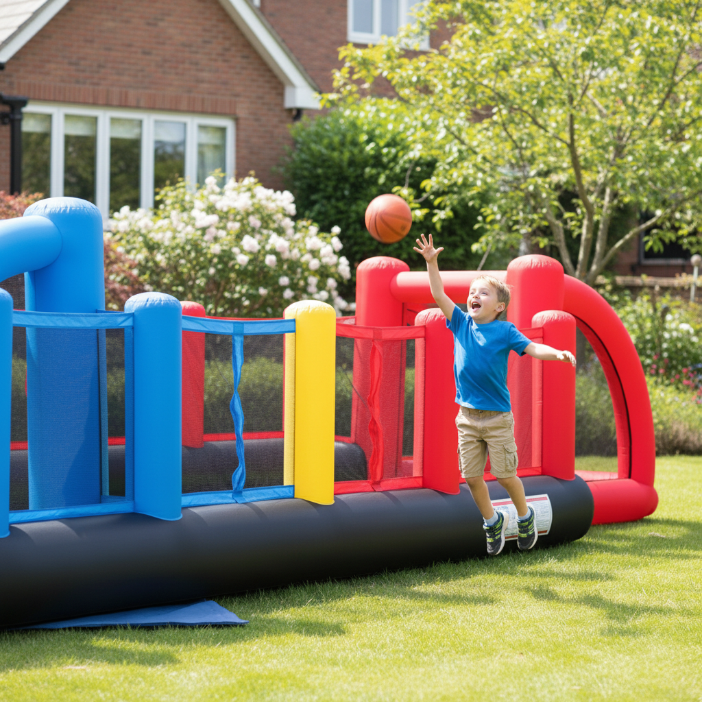 9072 Campo di Calcio Gonfiabile, 800 x 330 x 180 cm
Un vero campetto da calcio, pallavolo e basket con reti di protezione, porte, una rete volley, canestri e due entrate laterali. Ottimo per due squadre da 5 bambini (10 in totale