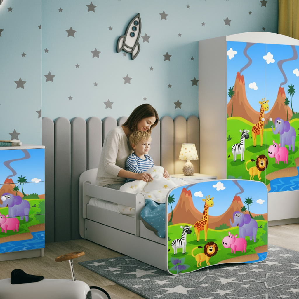 Cameretta Completa Bambini BabyDreams Safari in Legno 7 Pezzi con Materasso Omaggio | Letto 160x80 o 180x80cm | Top2Trade | KO500CAMSAF