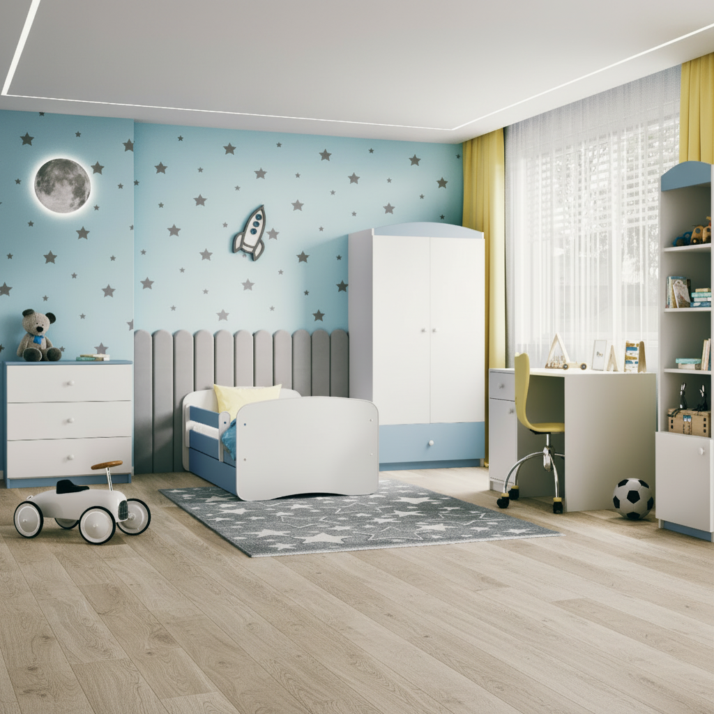 Cameretta Completa Bambini BabyDreams Dreams in Legno 7 Pezzi con Materasso Omaggio | Letto 160x80 o 180x80cm | Bianco Celeste Rosa | Top2Trade | KO500