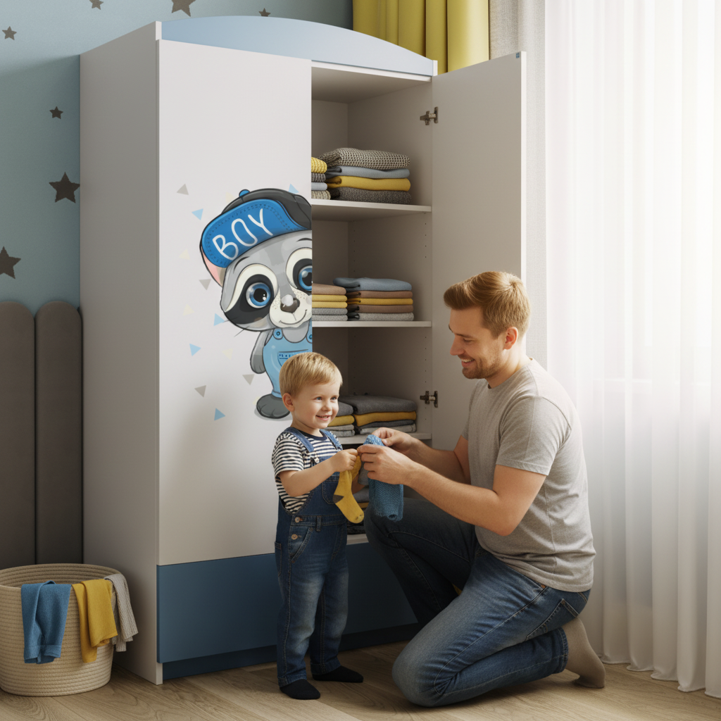 Armadio per Bambini BabyDreams Blue Raccoon in Legno | 90x52x175cm | Top2Trade | SZBD_NI_SZO