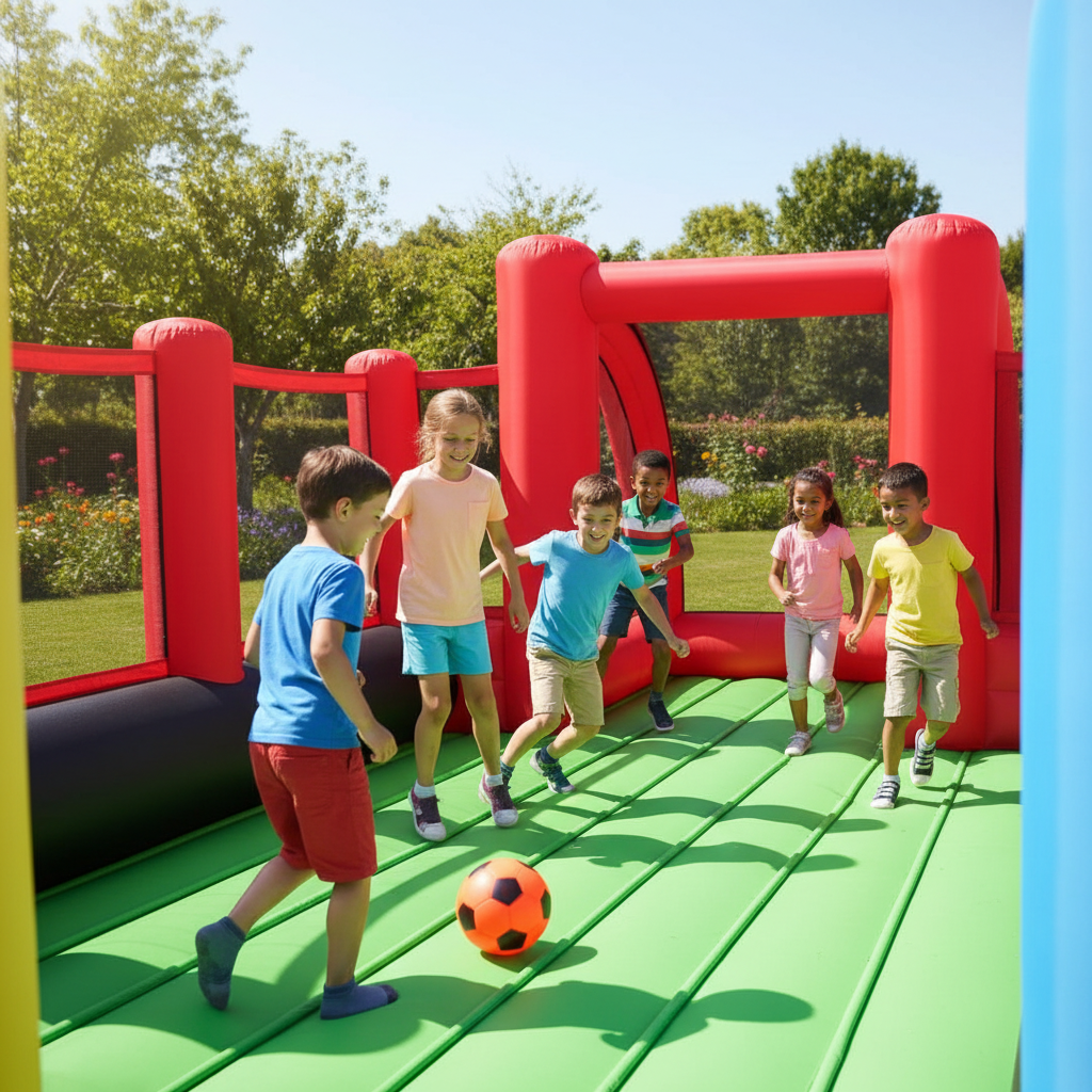 9072 Campo di Calcio Gonfiabile, 800 x 330 x 180 cm
Un vero campetto da calcio, pallavolo e basket con reti di protezione, porte, una rete volley, canestri e due entrate laterali. Ottimo per due squadre da 5 bambini (10 in totale