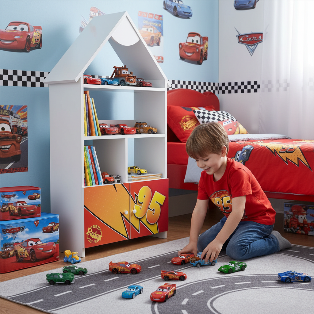 Libreria Casetta Bambino Disney Cars Lightning McQueen | 3 Ripiani + 2 Cassetti | Legno FSC | H139 x L63cm | TPCAS2CAR