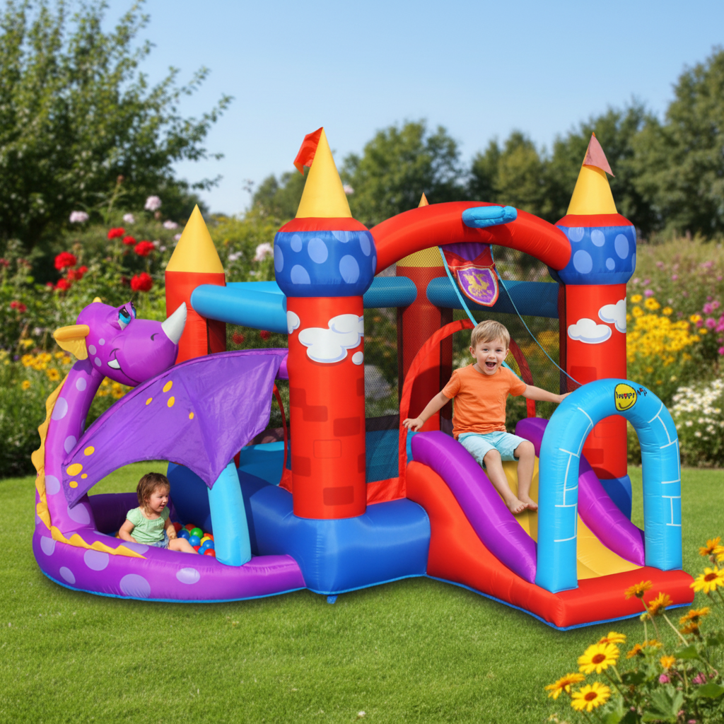 Gonfiabile Draghetto Fun 5 in 1 Scivolo Tunnel Vasca Palline Salterello Canestro 350x350x245cm | Top2Trade | 9022