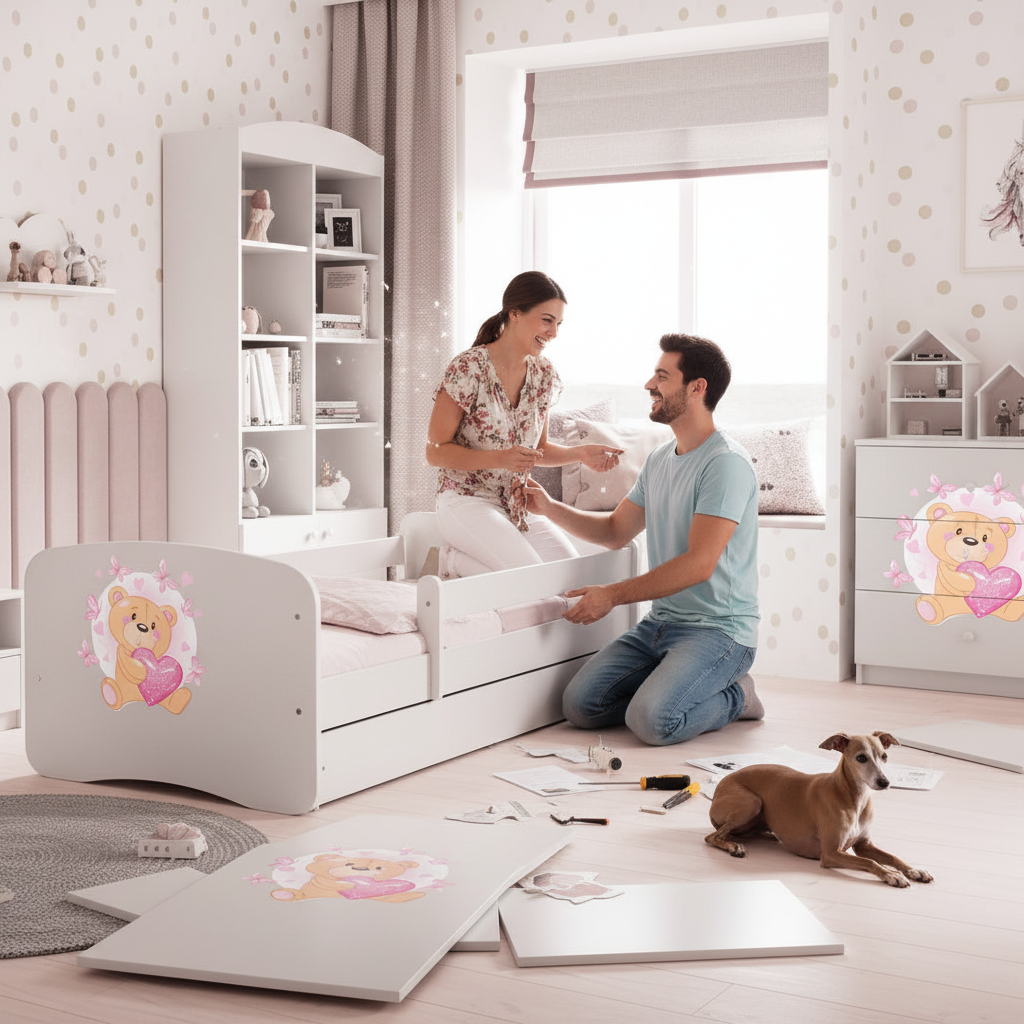 Cameretta Completa Bambini BabyDreams Teddy Heart in Legno 7 Pezzi con Materasso Omaggio | Letto 160x80 o 180x80cm | Top2Trade | KO500CAMTEDDYHEART