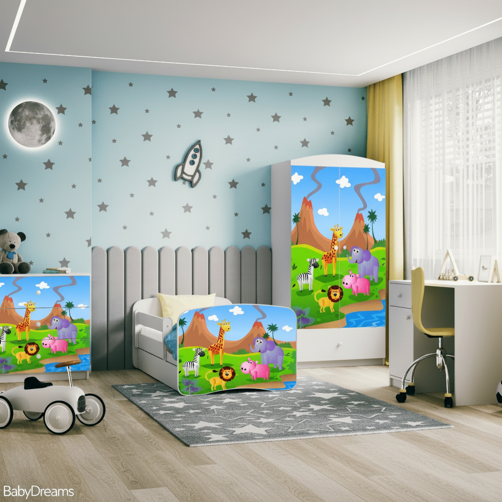Cameretta Completa Bambini BabyDreams Safari in Legno 7 Pezzi con Materasso Omaggio | Letto 160x80 o 180x80cm | Top2Trade | KO500CAMSAF