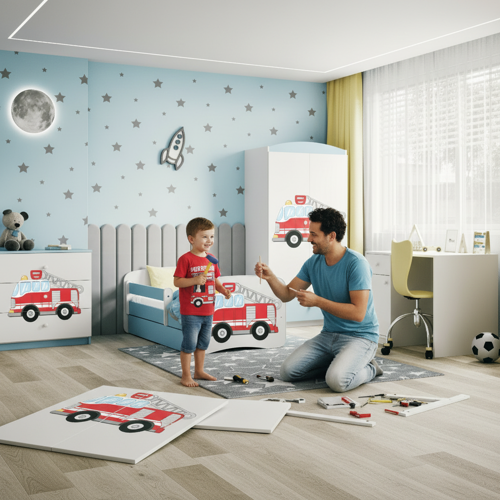 Cameretta Completa Bambino Pompiere in Legno 7 Pezzi con Materasso Omaggio | Letto 160x80 o 180x80cm | Top2Trade | KO1cameretta