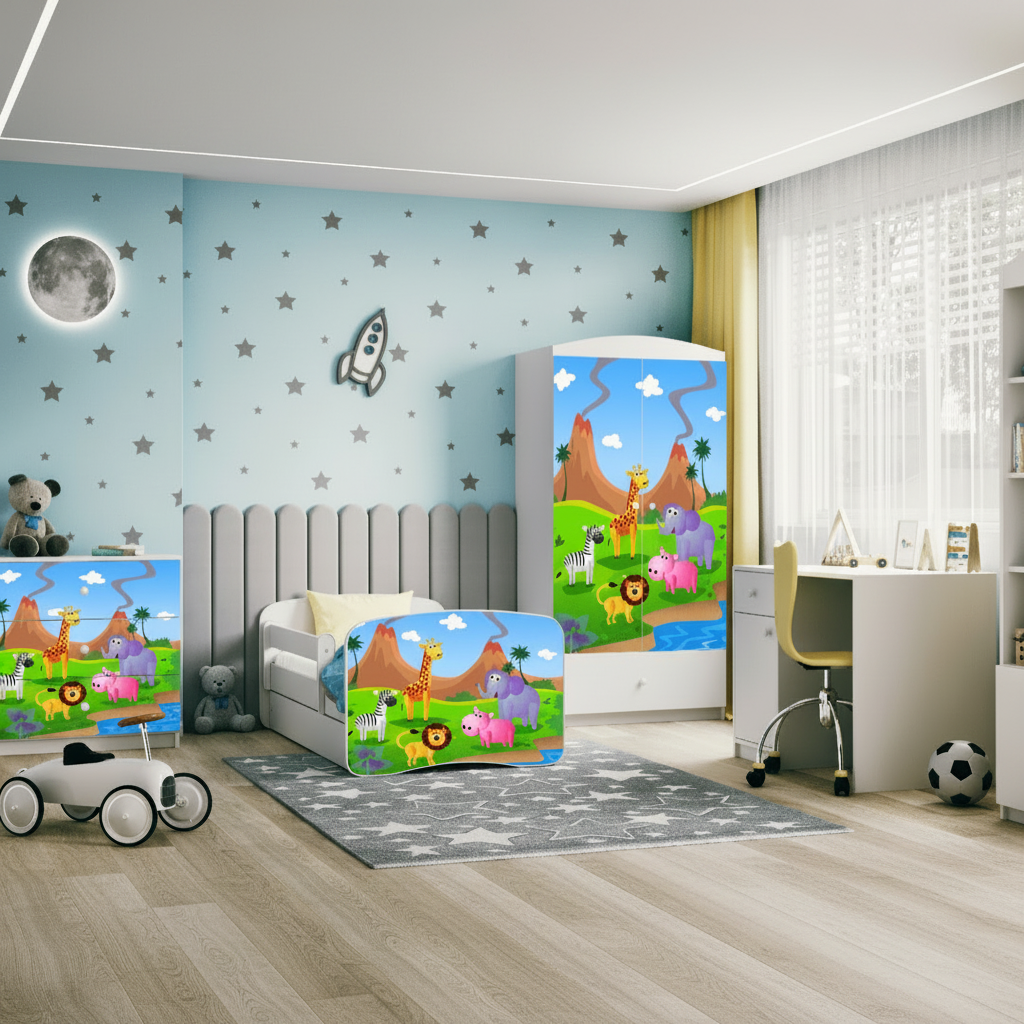 Cameretta Completa Bambini BabyDreams Safari in Legno 7 Pezzi con Materasso Omaggio | Letto 160x80 o 180x80cm | Top2Trade | KO500CAMSAF