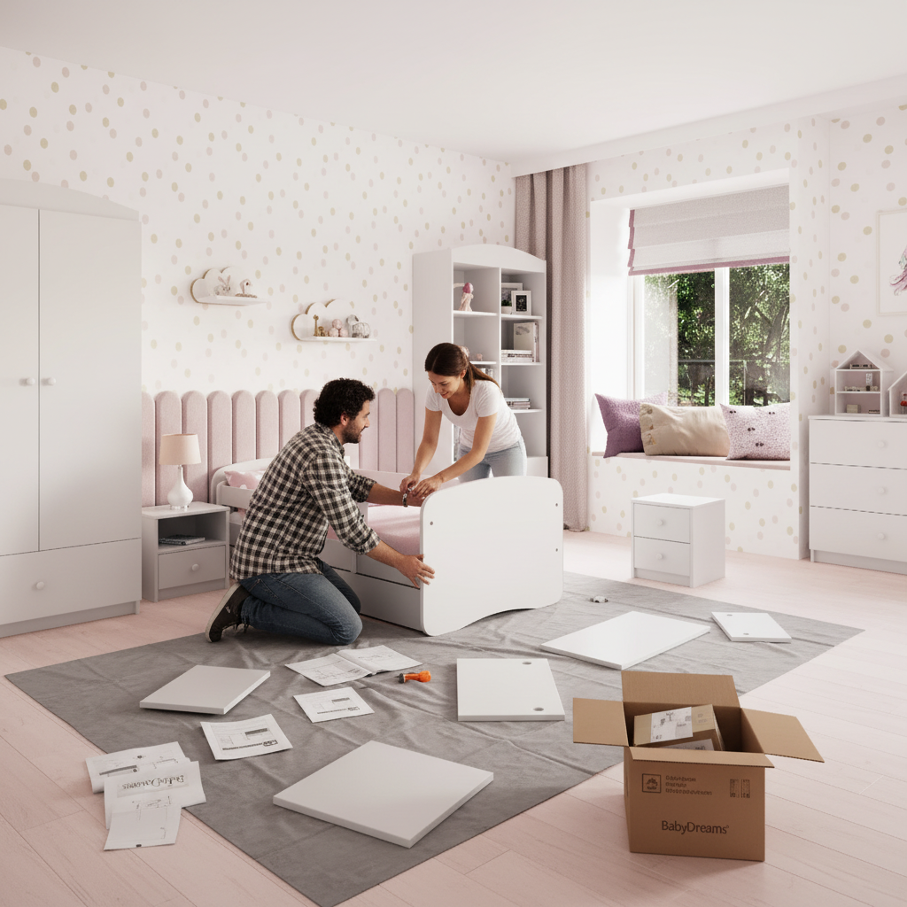 Cameretta Completa Bambini BabyDreams Dreams in Legno 7 Pezzi con Materasso Omaggio | Letto 160x80 o 180x80cm | Bianco Celeste Rosa | Top2Trade | KO500