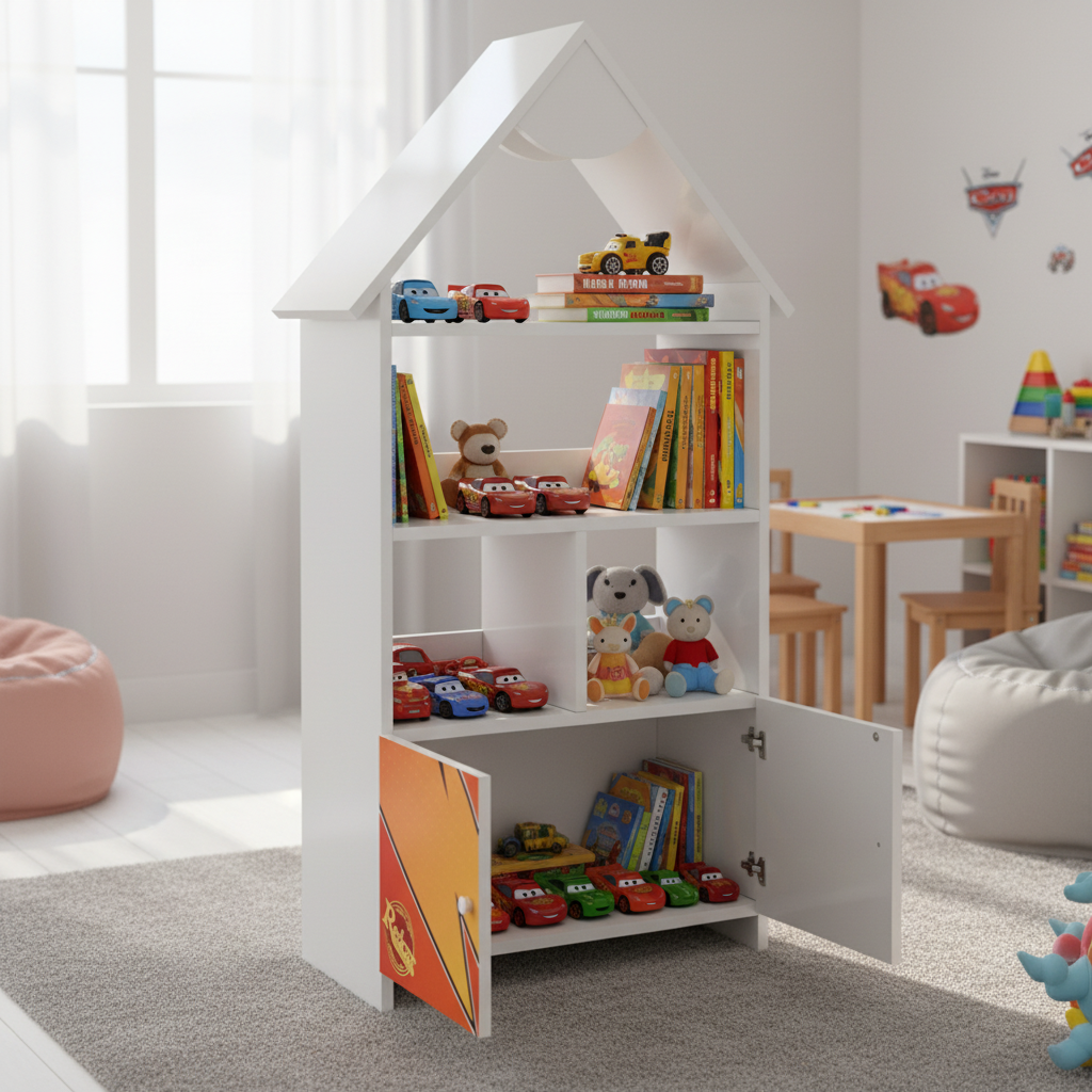 Libreria Casetta Bambino Disney Cars Lightning McQueen | 3 Ripiani + 2 Cassetti | Legno FSC | H139 x L63cm | TPCAS2CAR