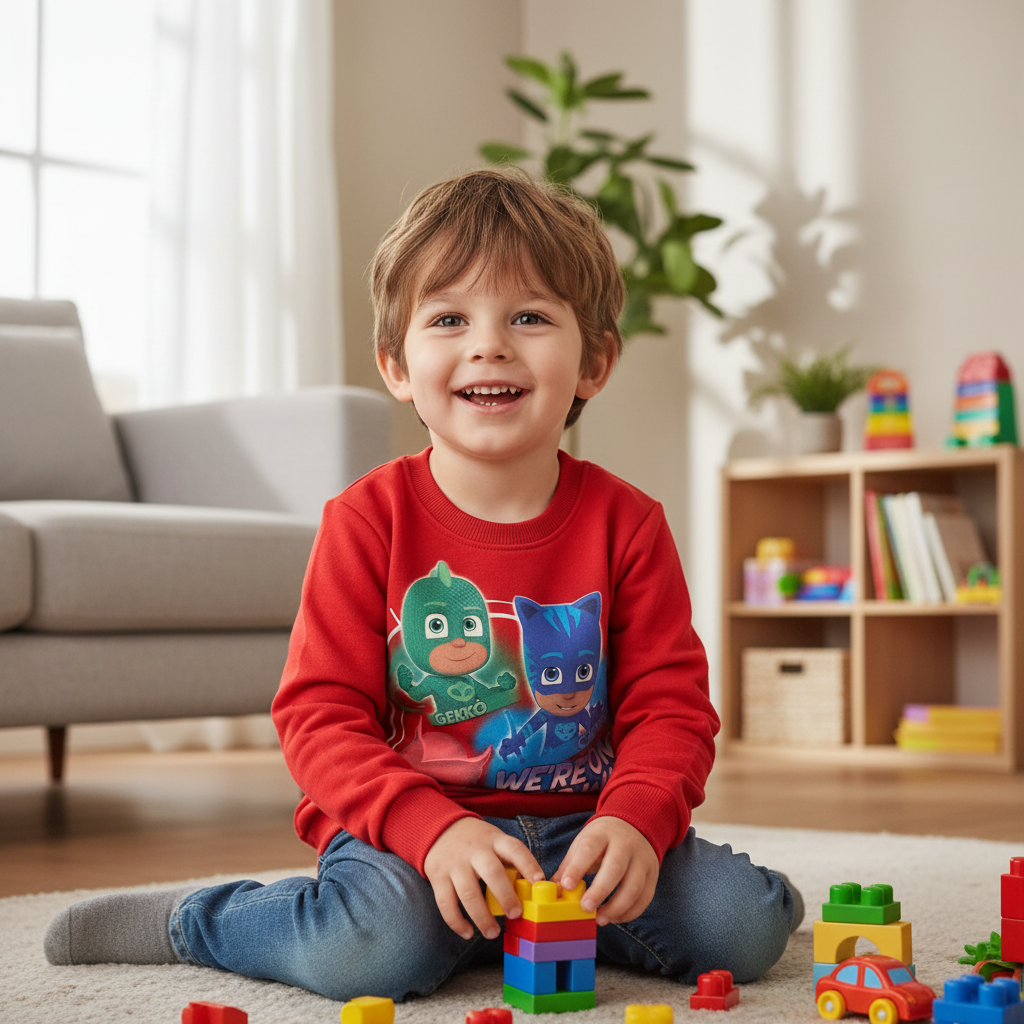 Felpa Girocollo Bambino PJ Masks | Blu Scuro, Blu Chiaro, Rosso | Taglie 3-8 Anni | Made in Italy | PJM015763