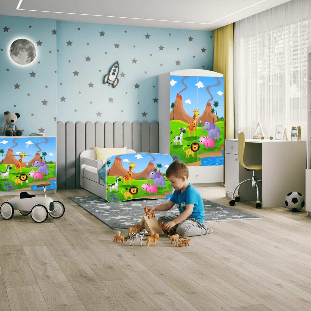 Cameretta Completa Bambini BabyDreams Safari in Legno 7 Pezzi con Materasso Omaggio | Letto 160x80 o 180x80cm | Top2Trade | KO500CAMSAF