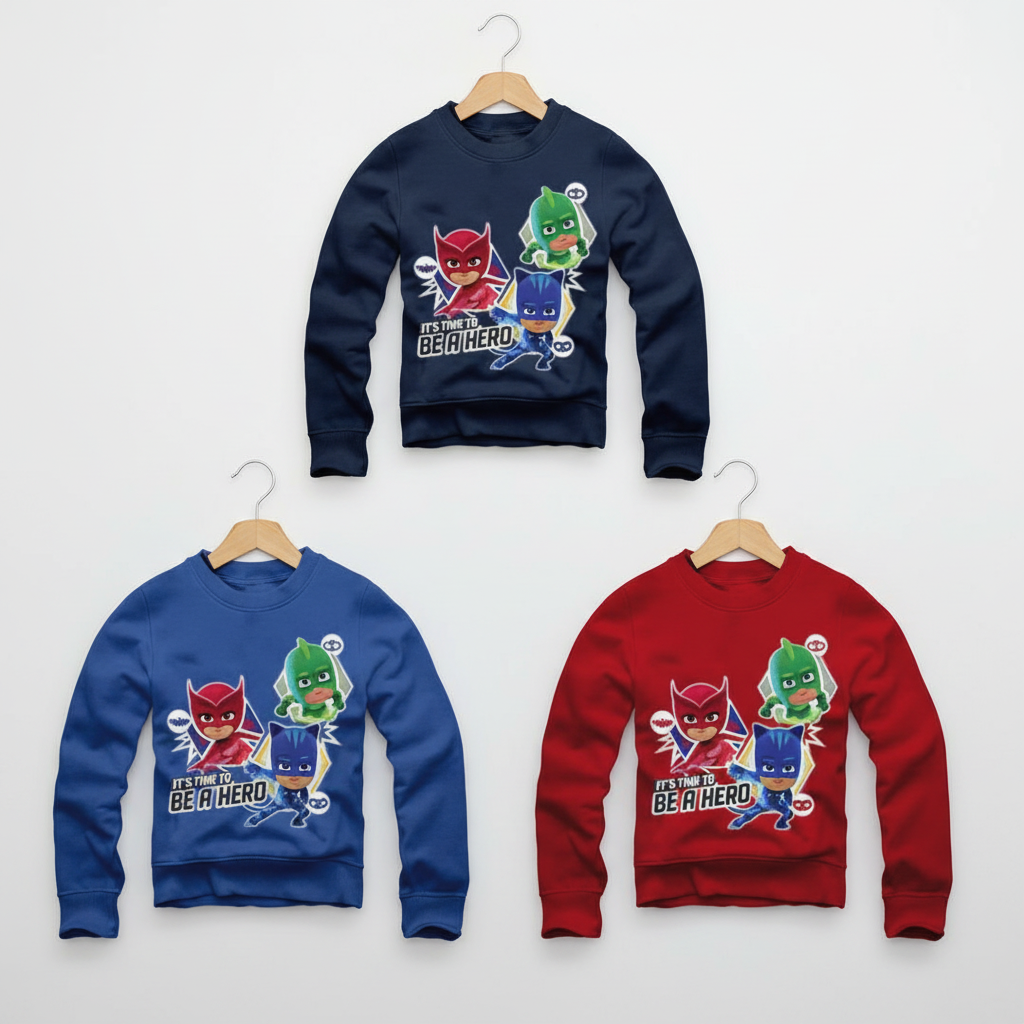 Felpa Girocollo Bambino PJ Masks | Blu Scuro, Blu Chiaro, Rosso | Taglie 3-8 Anni | Made in Italy | PJM015763