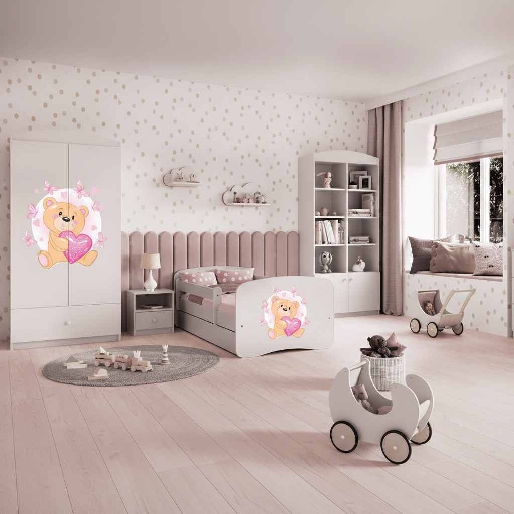Cameretta Completa Bambini BabyDreams Teddy Heart in Legno 7 Pezzi con Materasso Omaggio | Letto 160x80 o 180x80cm | Top2Trade | KO500CAMTEDDYHEART