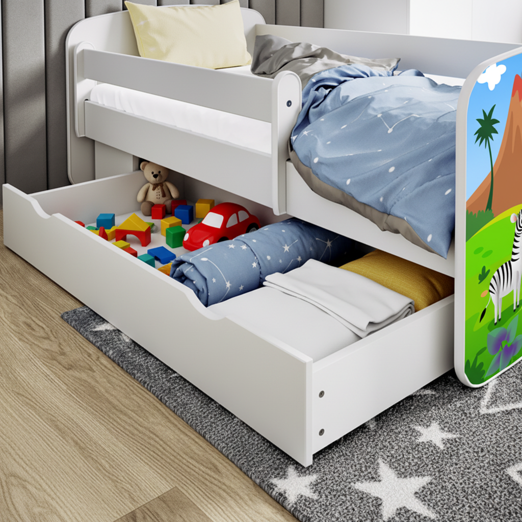 Letto per bambini babydreams white safari con cassettone e materasso omaggio 160/80