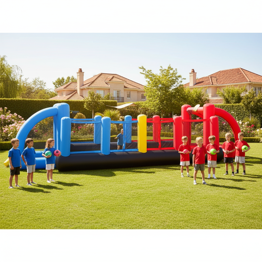 9072 Campo di Calcio Gonfiabile, 800 x 330 x 180 cm
Un vero campetto da calcio, pallavolo e basket con reti di protezione, porte, una rete volley, canestri e due entrate laterali. Ottimo per due squadre da 5 bambini (10 in totale